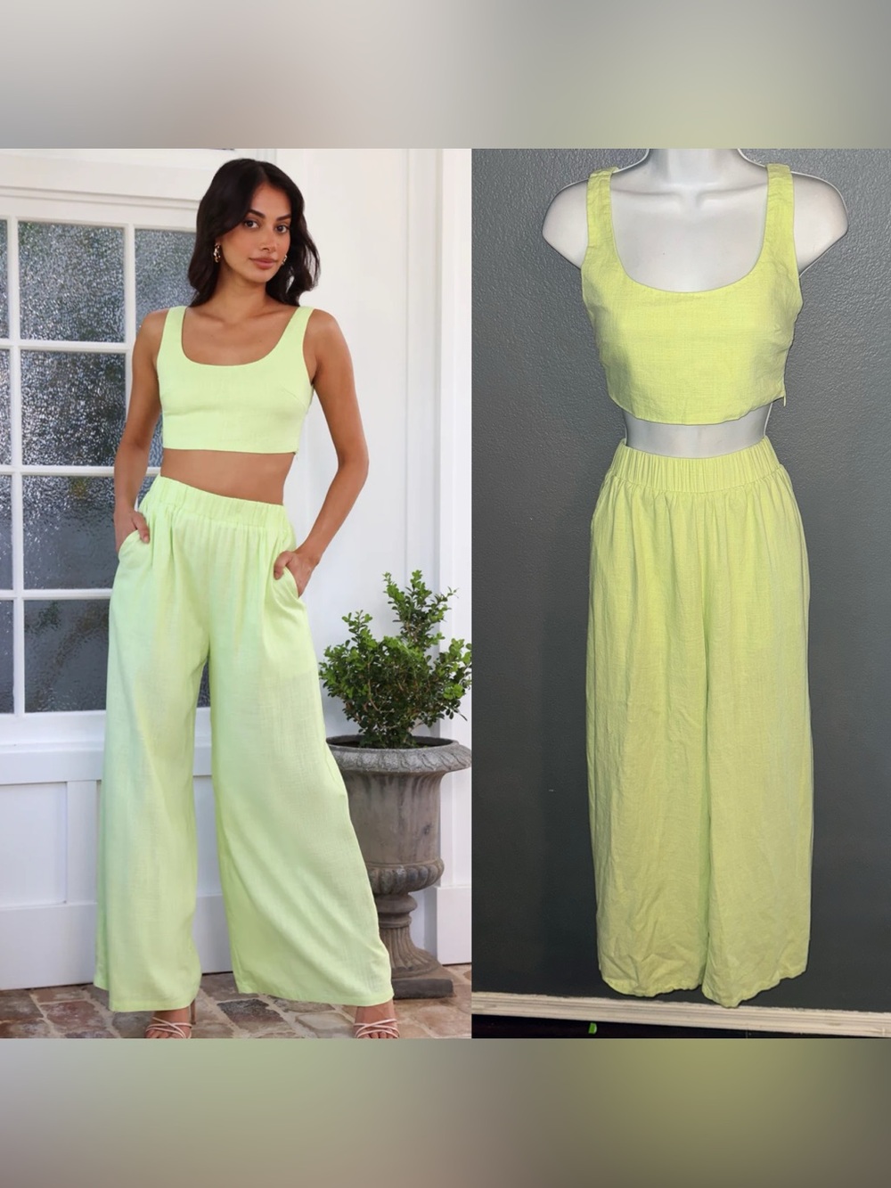 Hello Molly Two Piece Set Lime Green Yellow Crop Top Wide Leg Pants Medium Large